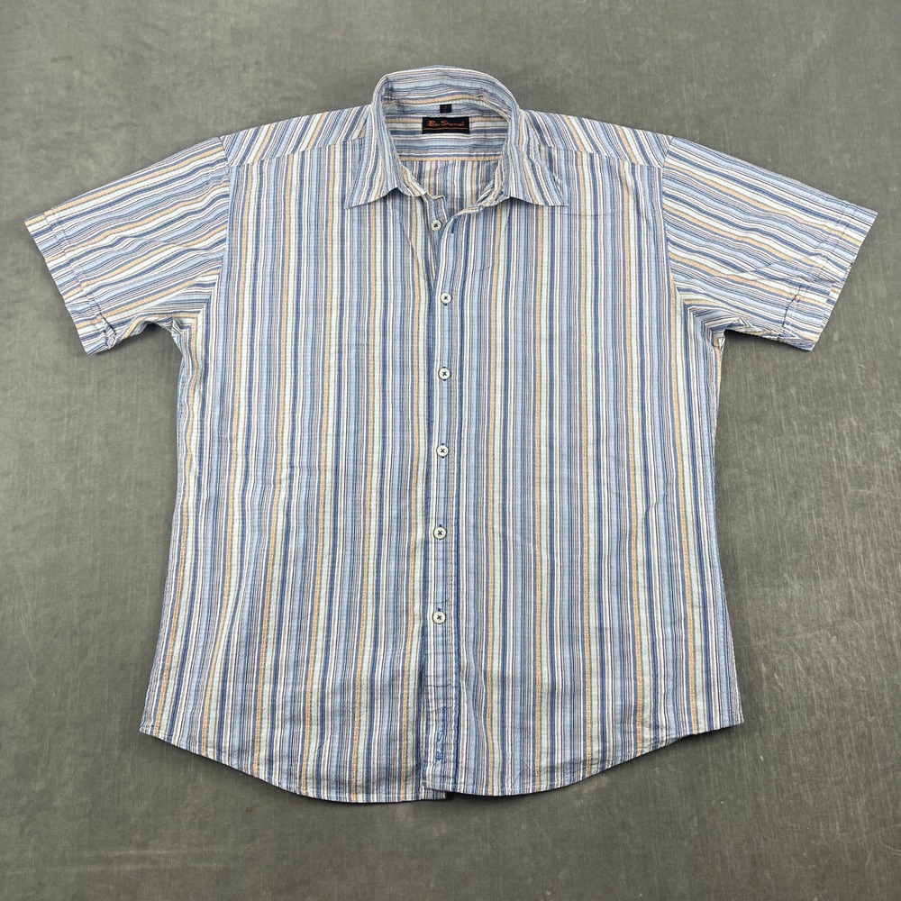 Ben Sherman Mens L Blue Striped Short Sleeve Button Down Shirt Lightweight
